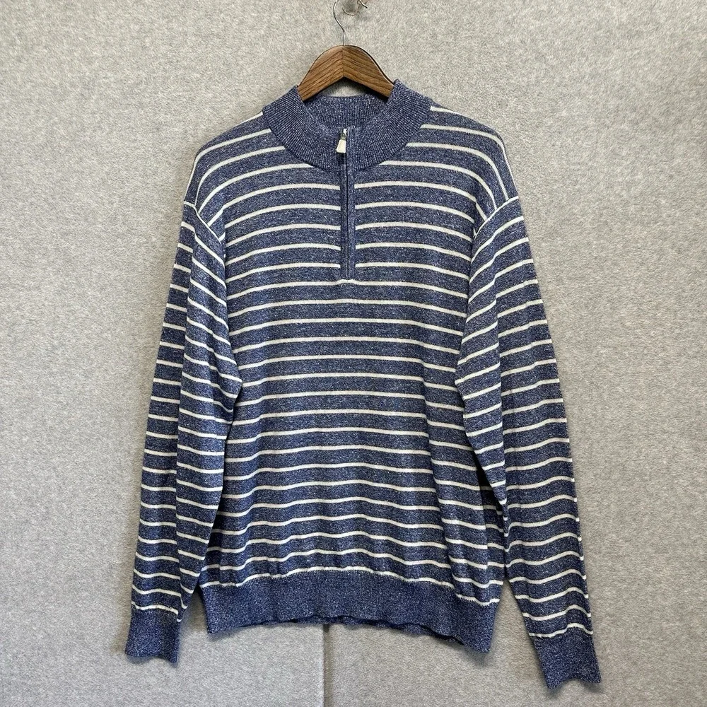 PETER MILLAR‎ Crown Cool 1/4 Quarter Zip Sweater Wool Linen XL Blue Striped Golf
